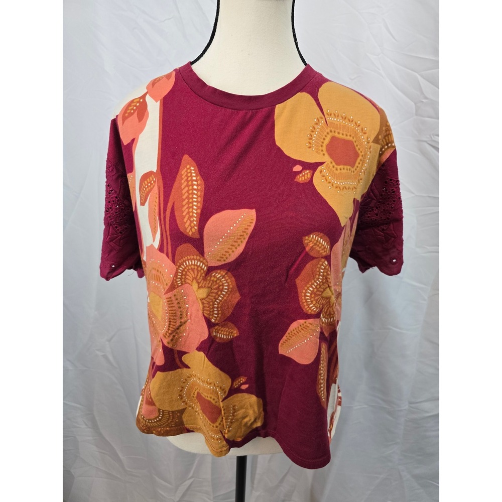 Anthropologie Tiny Floral Eyelet Lace Short Sleeve Top‎ Maroon Orange Medium